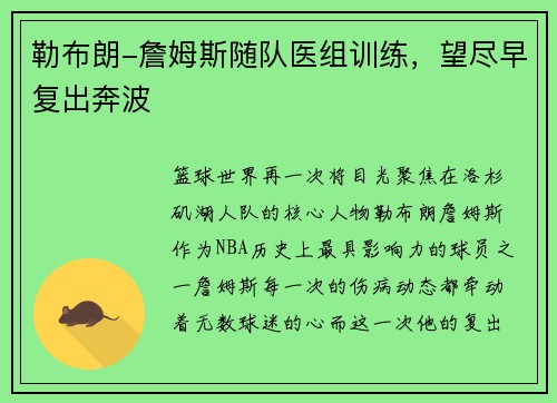 勒布朗-詹姆斯随队医组训练,望尽早复出奔波
