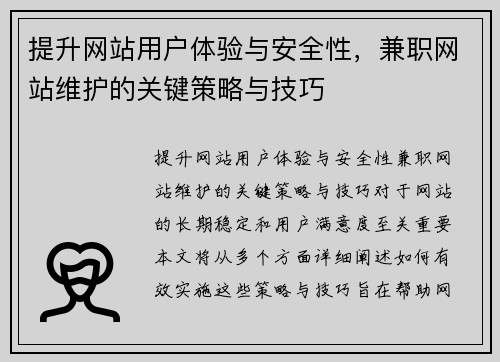 提升网站用户体验与安全性，兼职网站维护的关键策略与技巧